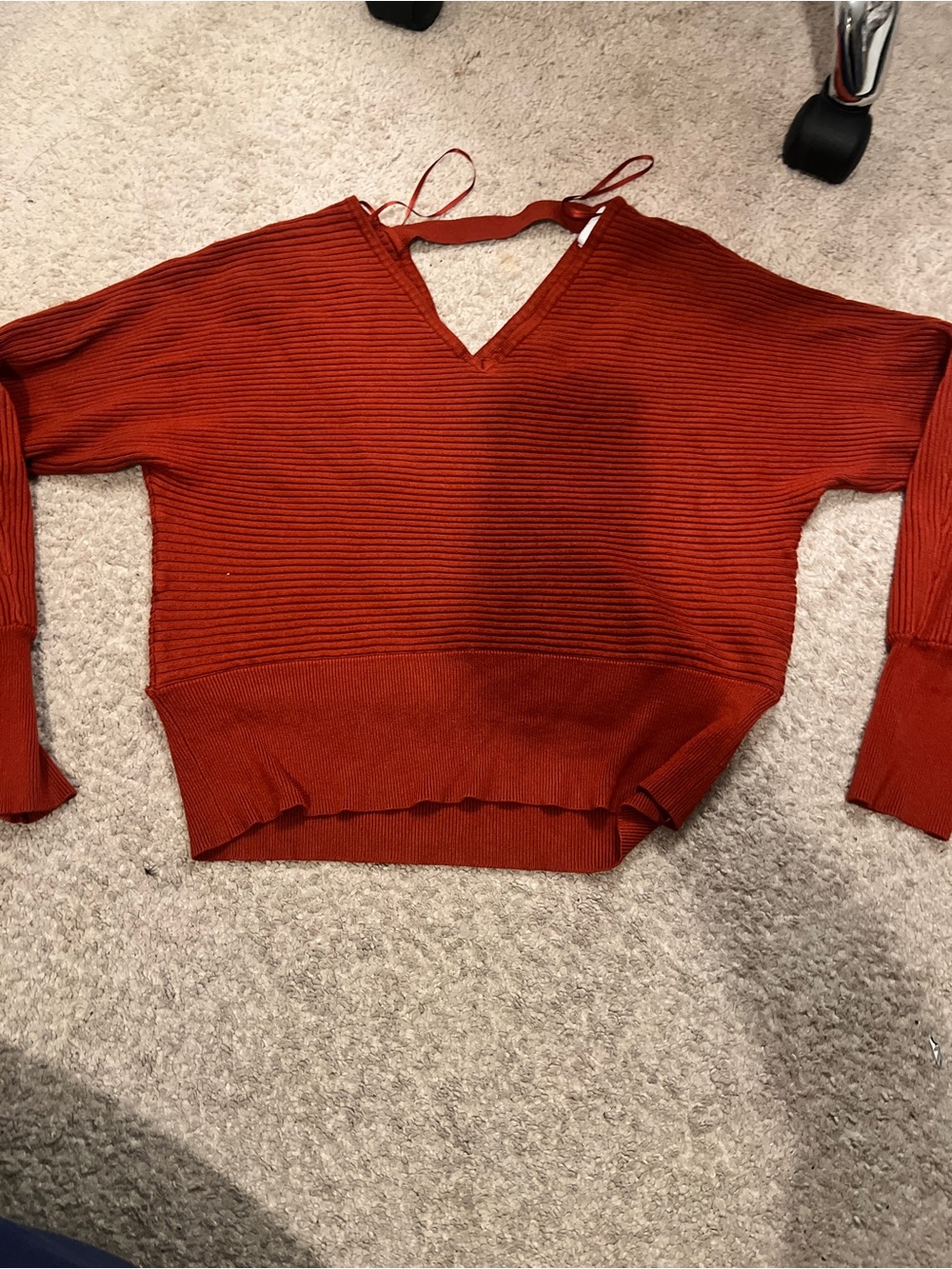 Rust Red V-Neck Ribbed Women’s Sweater